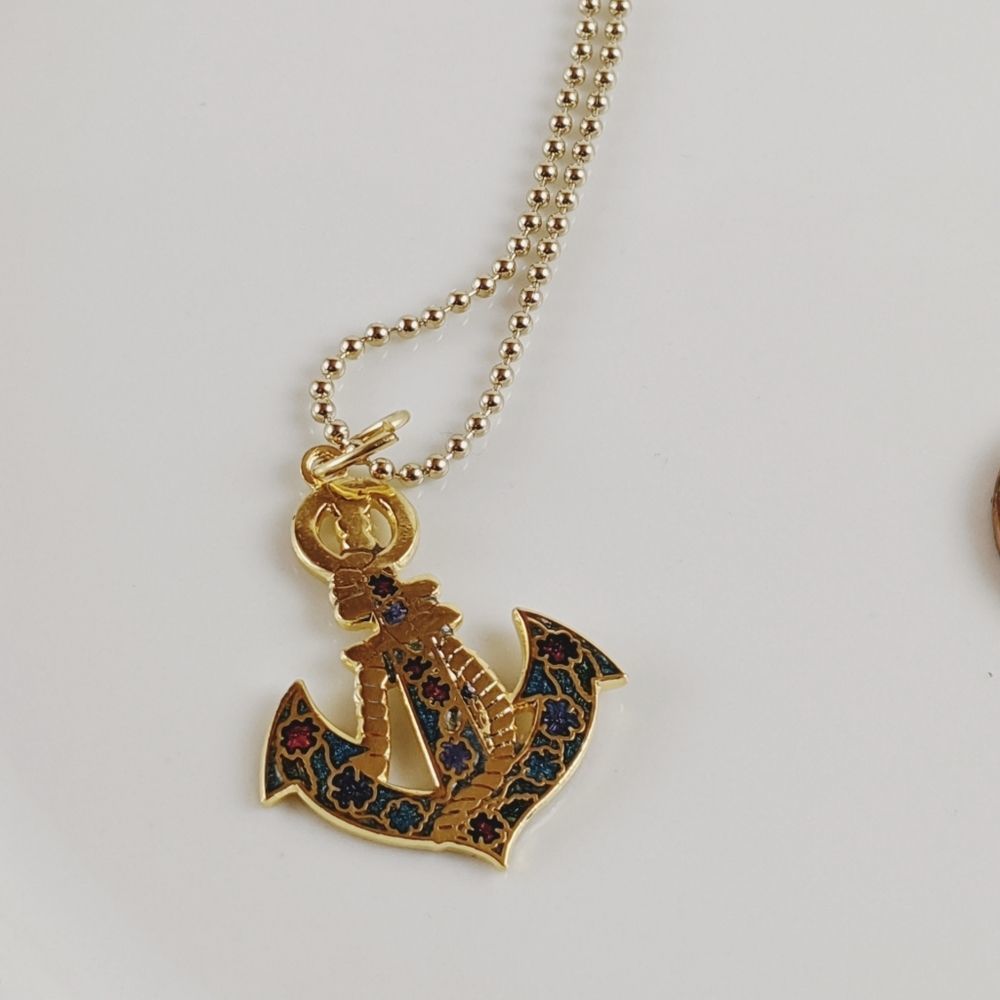 Vintage Cloisonne Black Anchor Floral GP Necklace